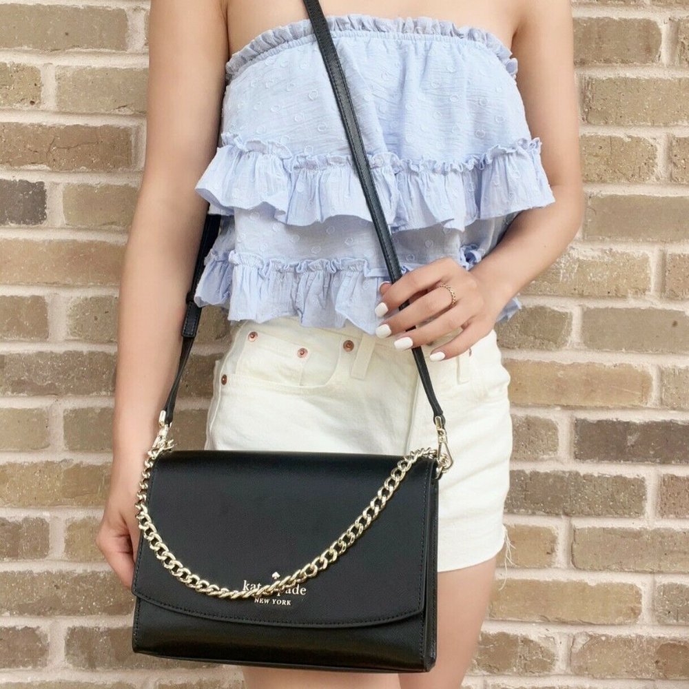 kate spade Black Leather Crossbody with Gold Chain